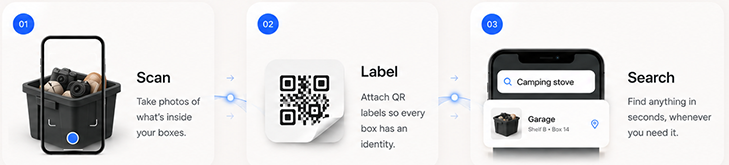 Scan your boxes, label them with QR codes, then search to find anything