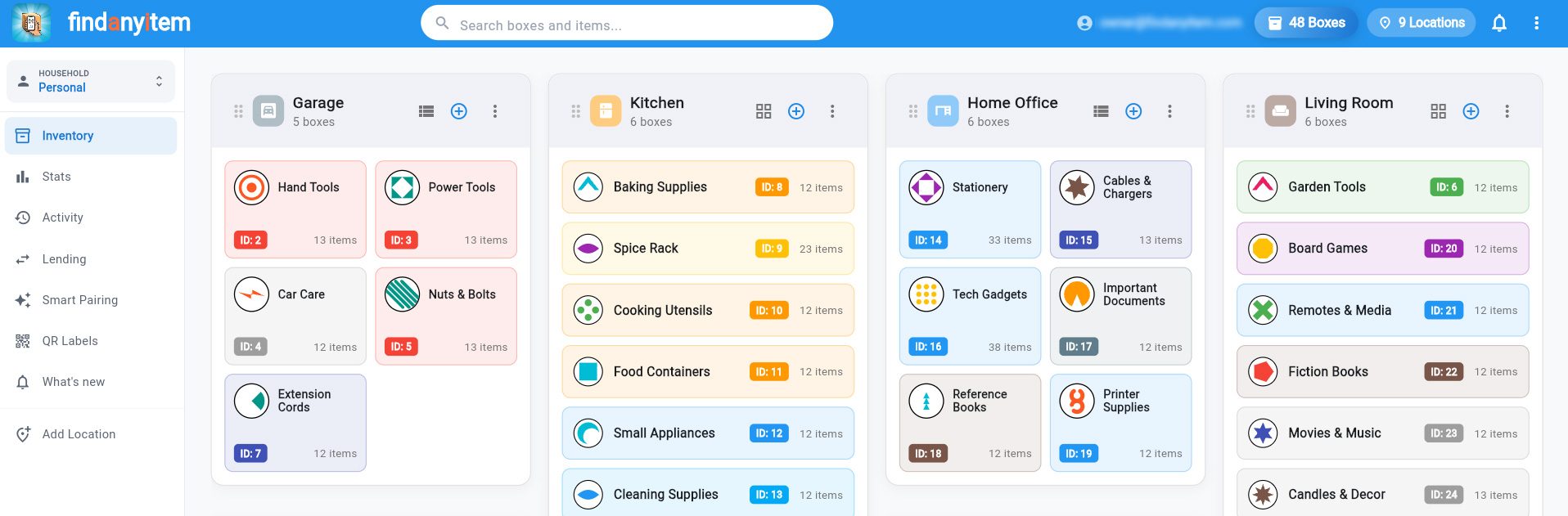 The FindAnyItem web app: locations and their boxes laid out side by side in a browser